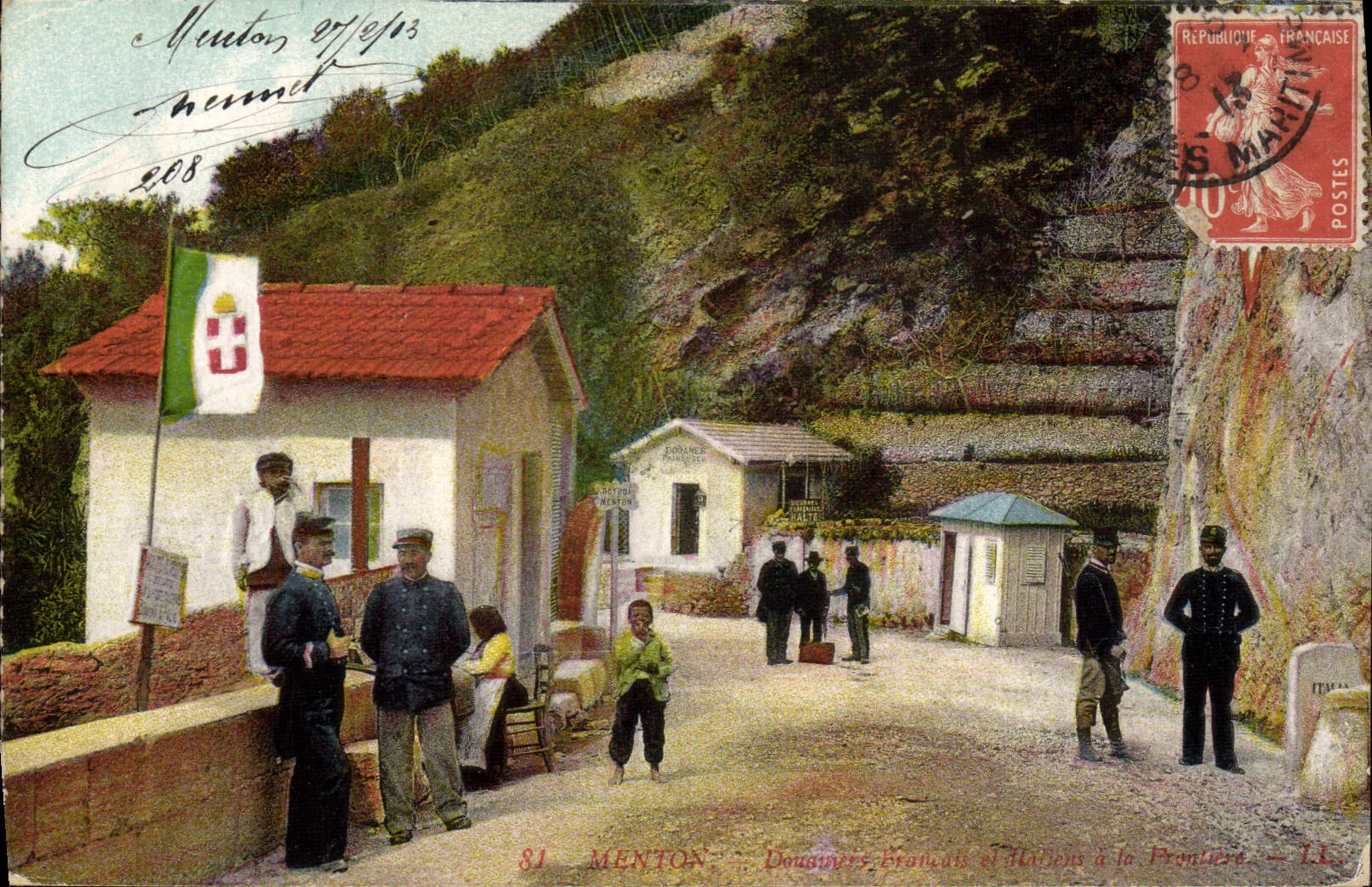 VINTAGE POSTCARD Customs Menton Customs and gendarmes at the border