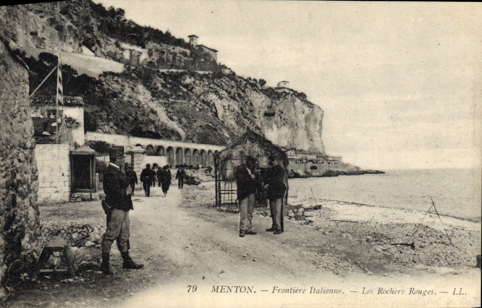 VINTAGE POSTCARD Customs Menton Italian Border red rocks