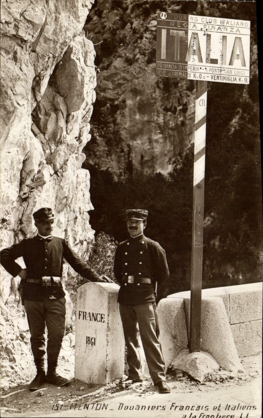 VINTAGE POSTCARD Customs Menton French and Italian Doauniers at the border