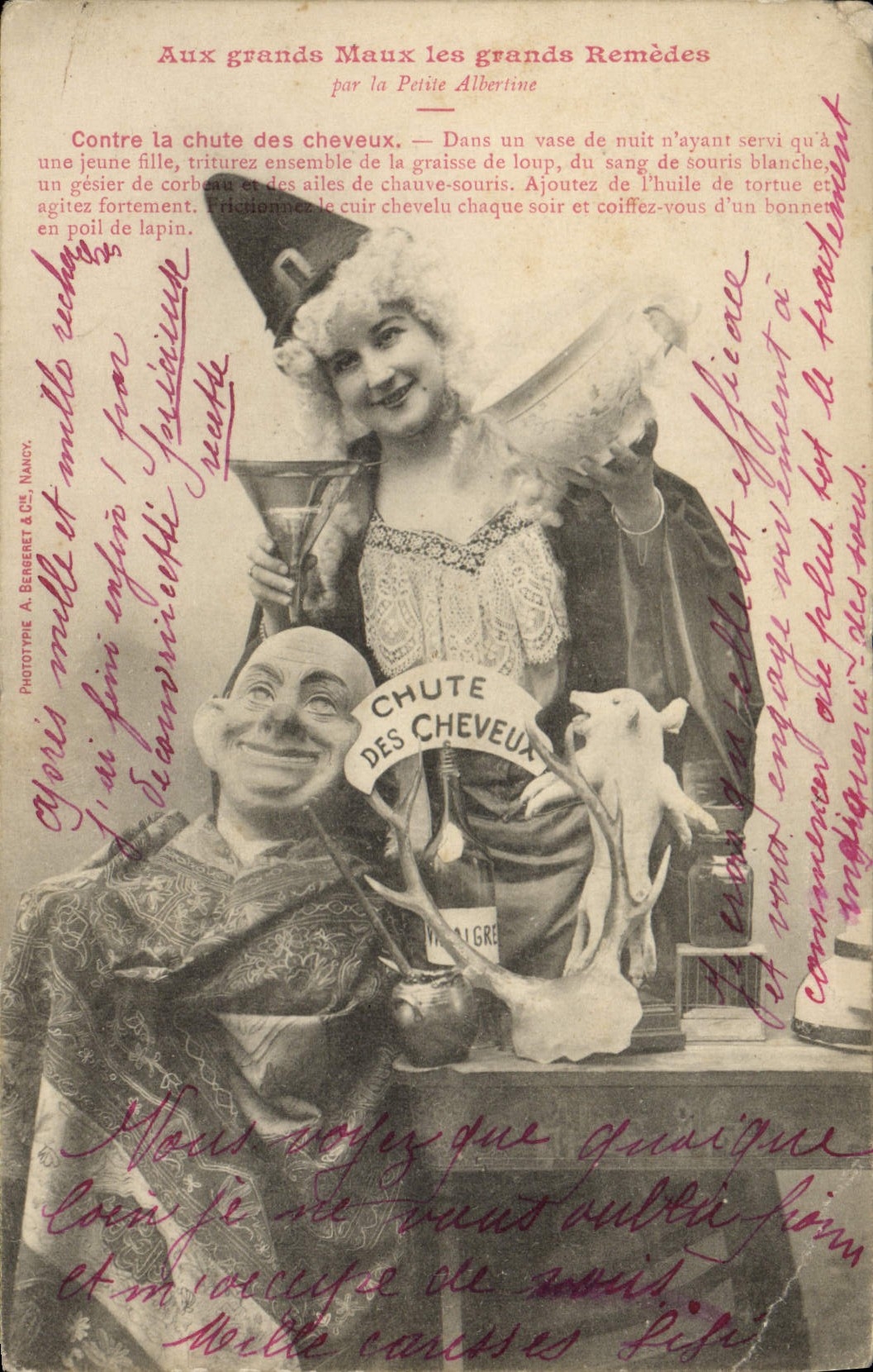 VINTAGE POSTCARD With the great evils great remedies Against the fall of the hair