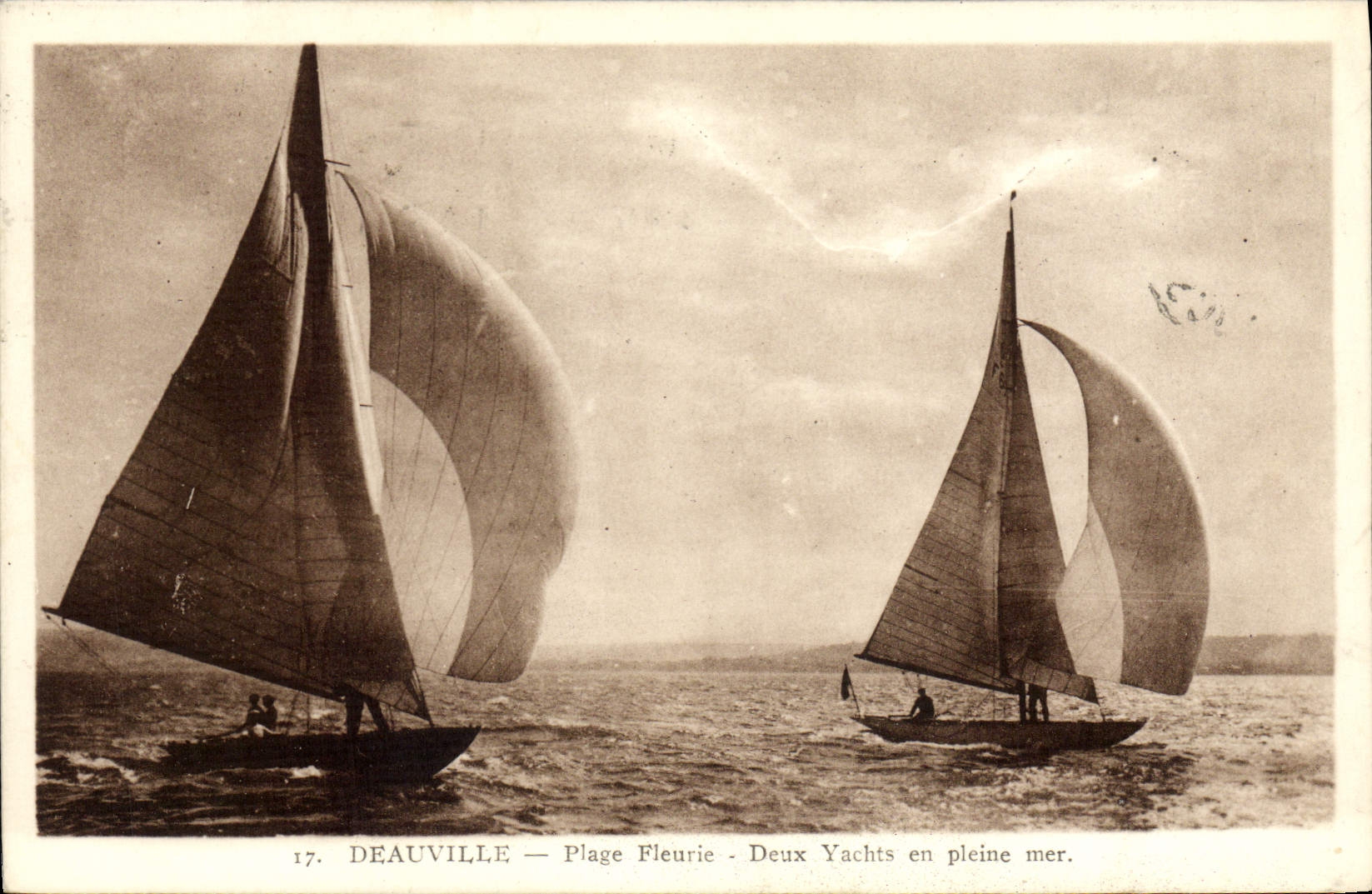 VINTAGE POSTCARD Sailing Boat Deauville flowered Beach Two yachts on the open sea