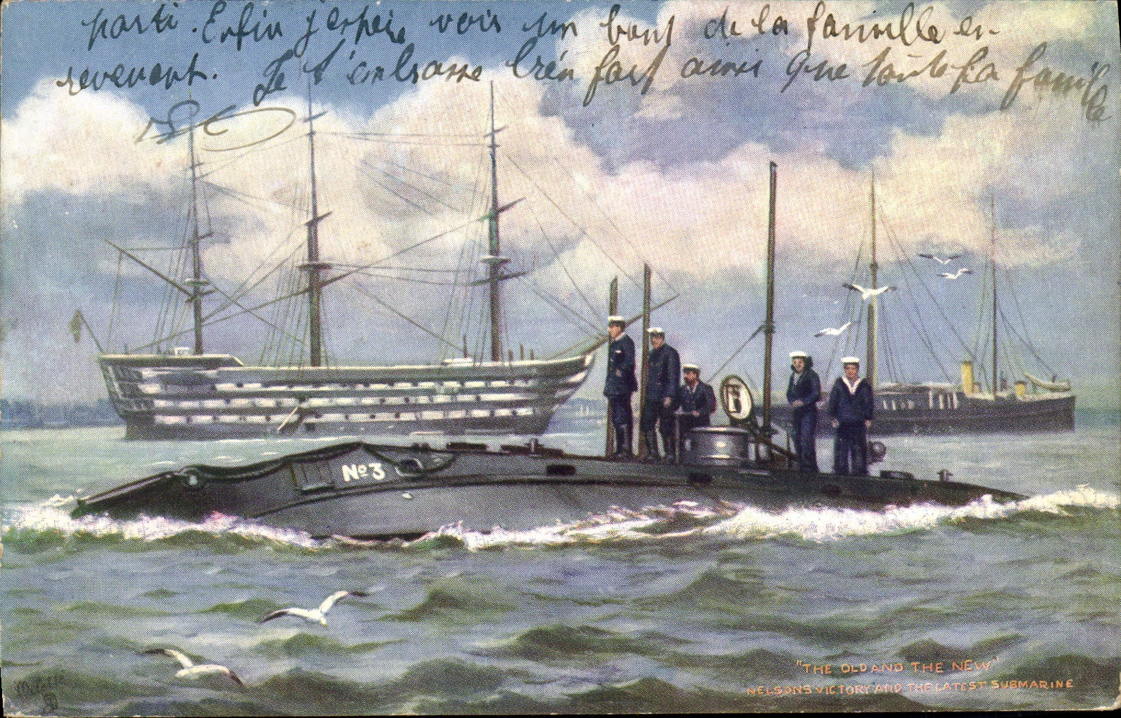 VINTAGE POSTCARD Boat Underwater Submarine The old and the new Nelsons Victory and the latest submarine