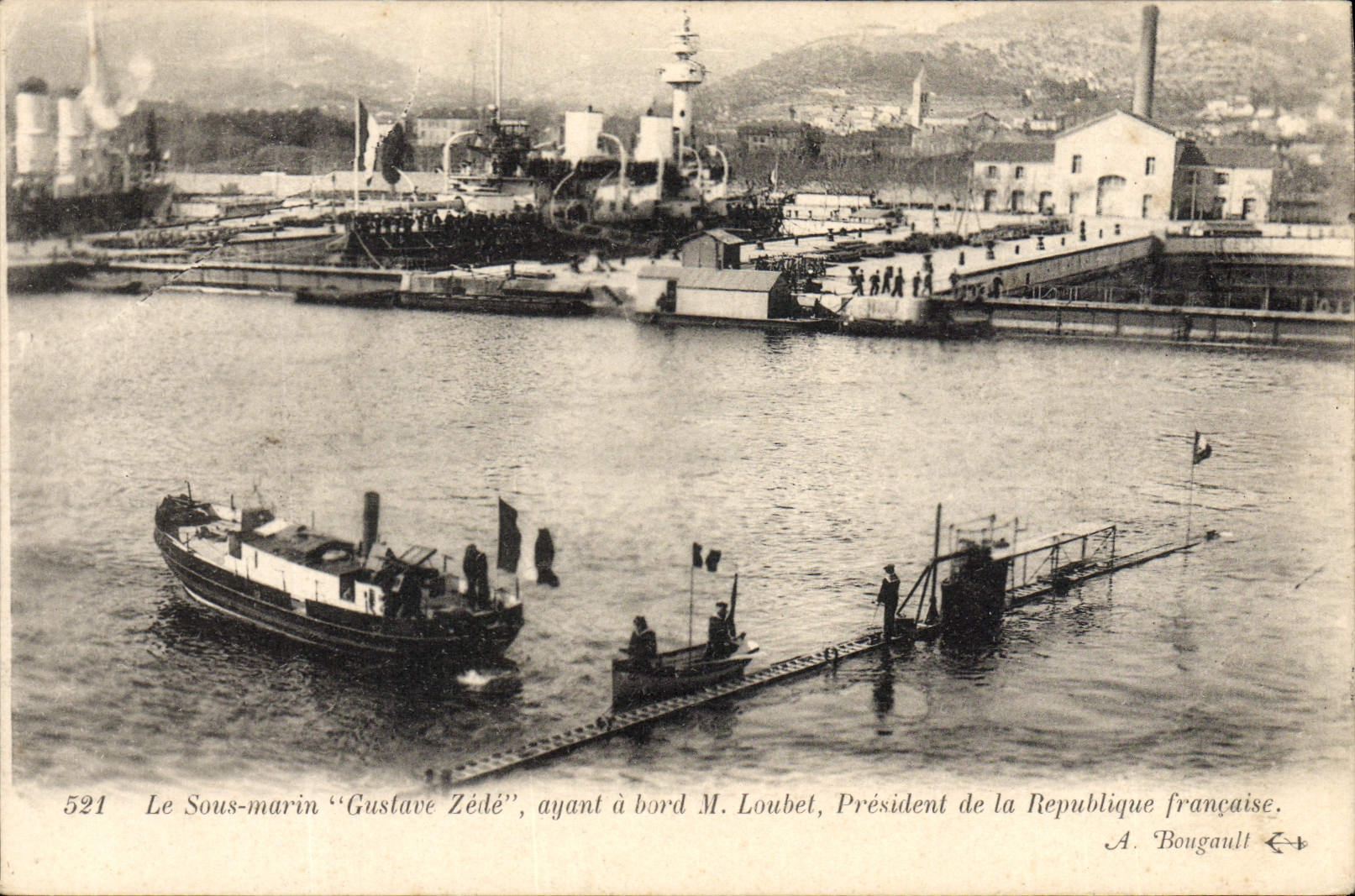 VINTAGE POSTCARD Bateau Underwater Submarine Gustave Zele having has edge Mr. Loubet President of the French Republic