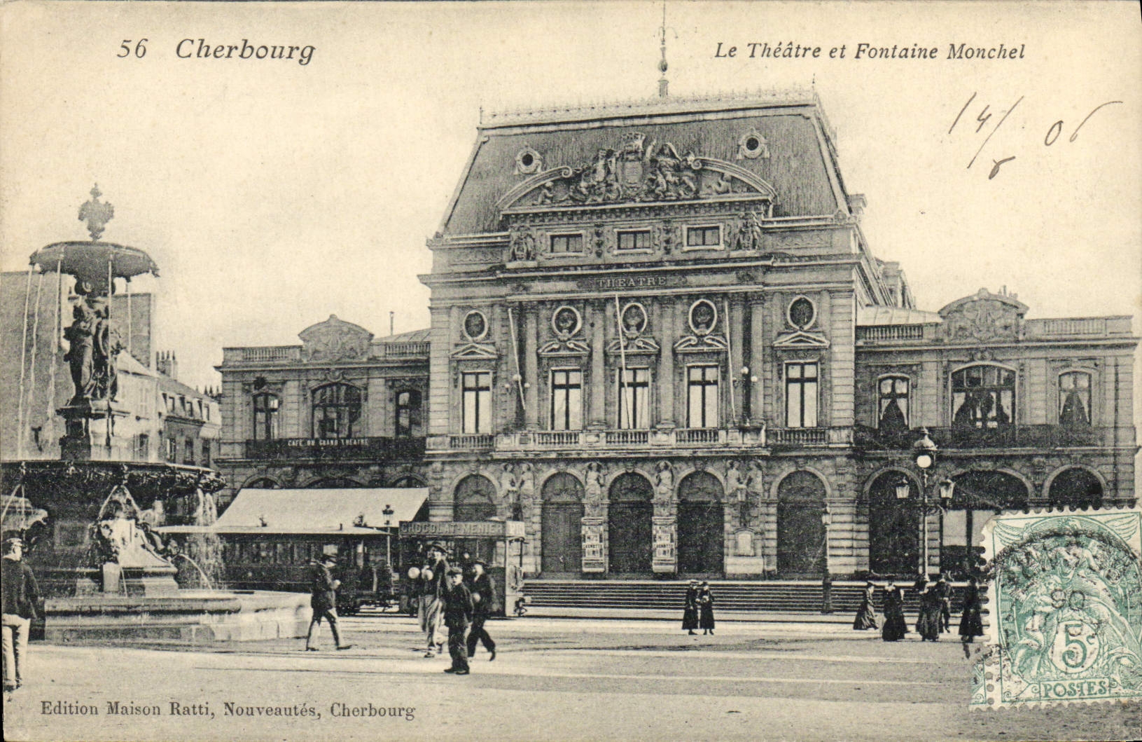 CPA Le Theatre et fontaine Monchel Cherbourg Tramway