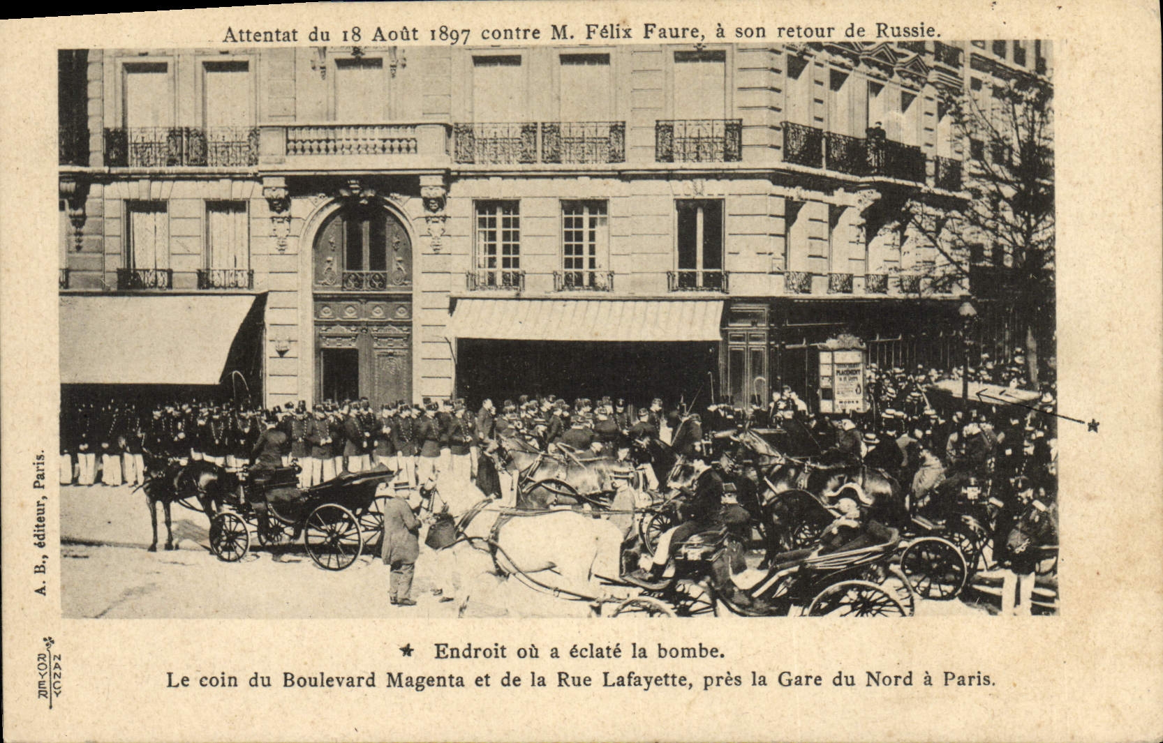 La VENDIMIA POSTAL Attentat 18 de agosto de 1897 contra Sr. Felix Faure tiene su vuelta del norte magenta de París Gare del bulevar de Rusia Rusia