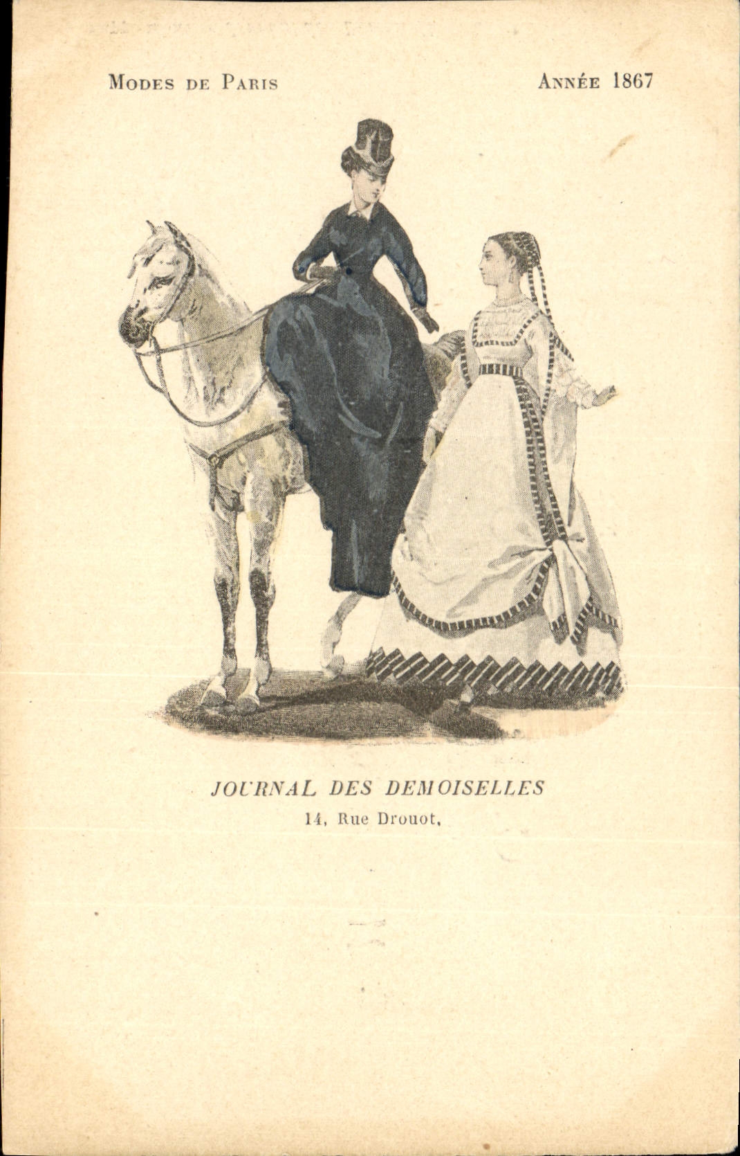 CPA Mode Coiffe Femme Journal des demoiselles Rue Drouot Annee 1867 Cheval