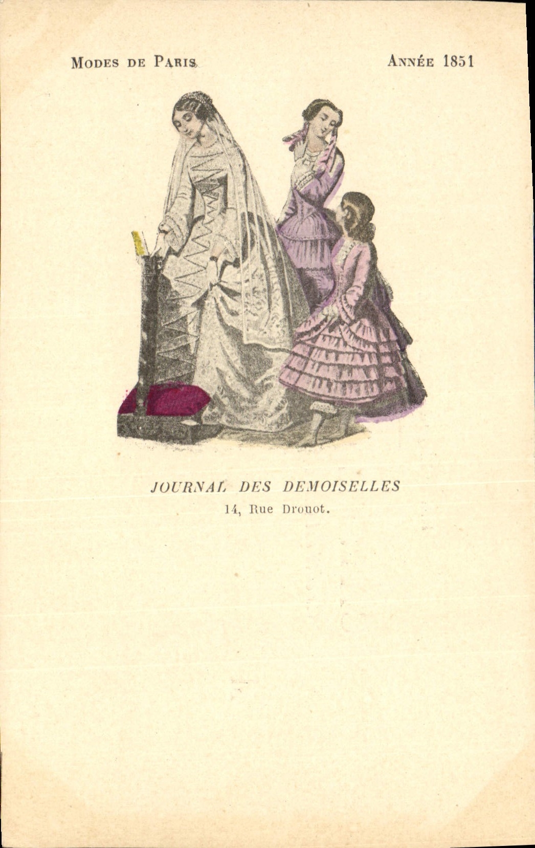 CPA Mode Coiffe Femme Journal des demoiselles Rue Drouot Annee 1851