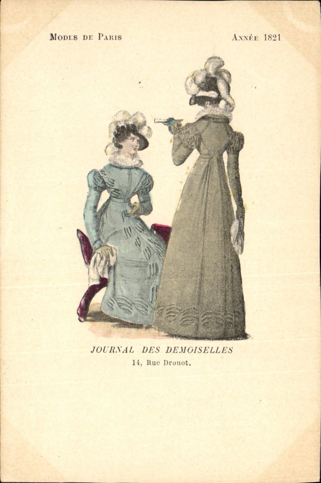 CPA Mode Coiffe Femme Journal des demoiselles Rue Drouot Annee 1821