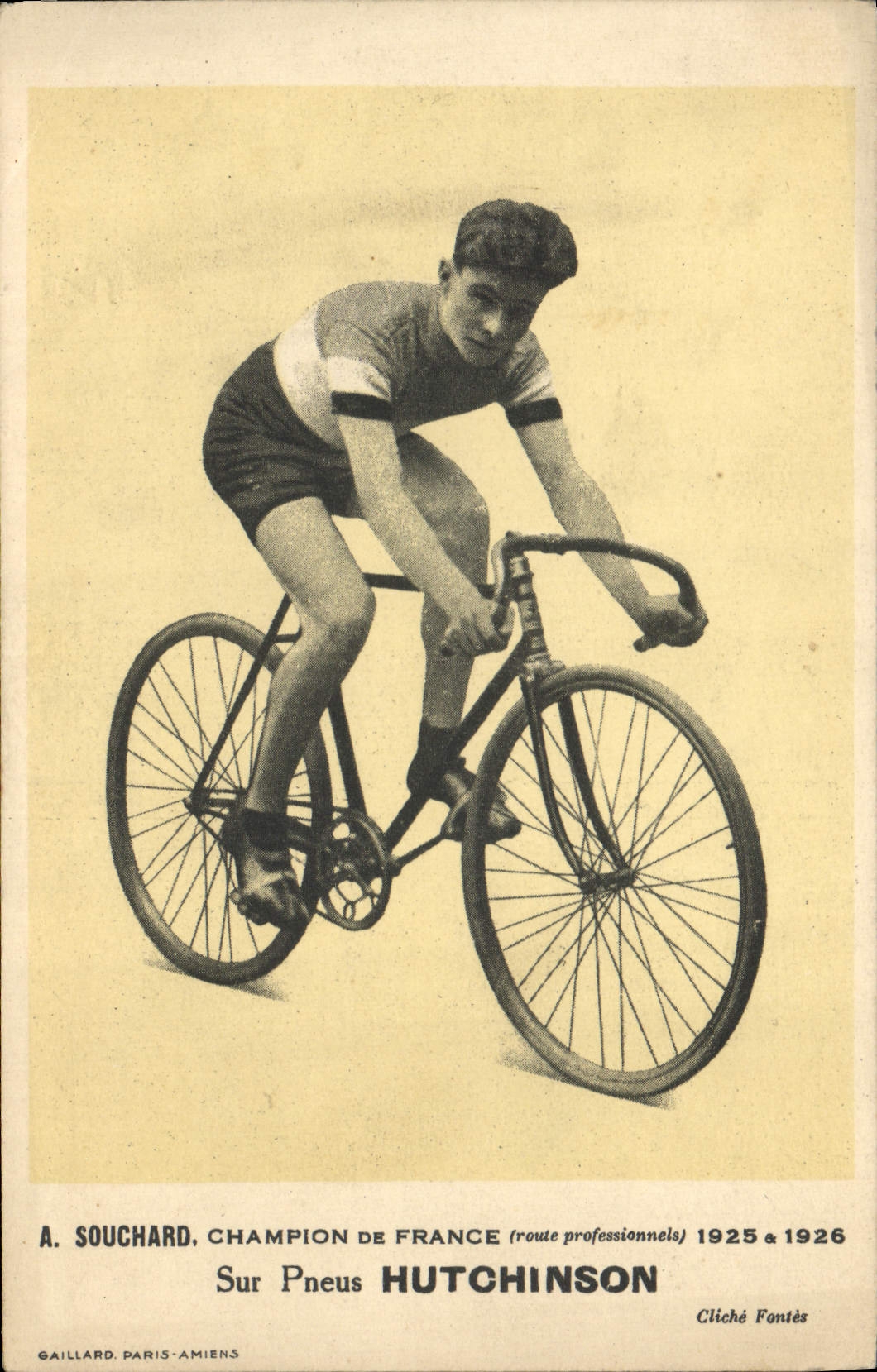 VINTAGE POSTCARD Velo Cycles Cycling has Souchard Champion of France 1925 1926 Hutchinson Tires