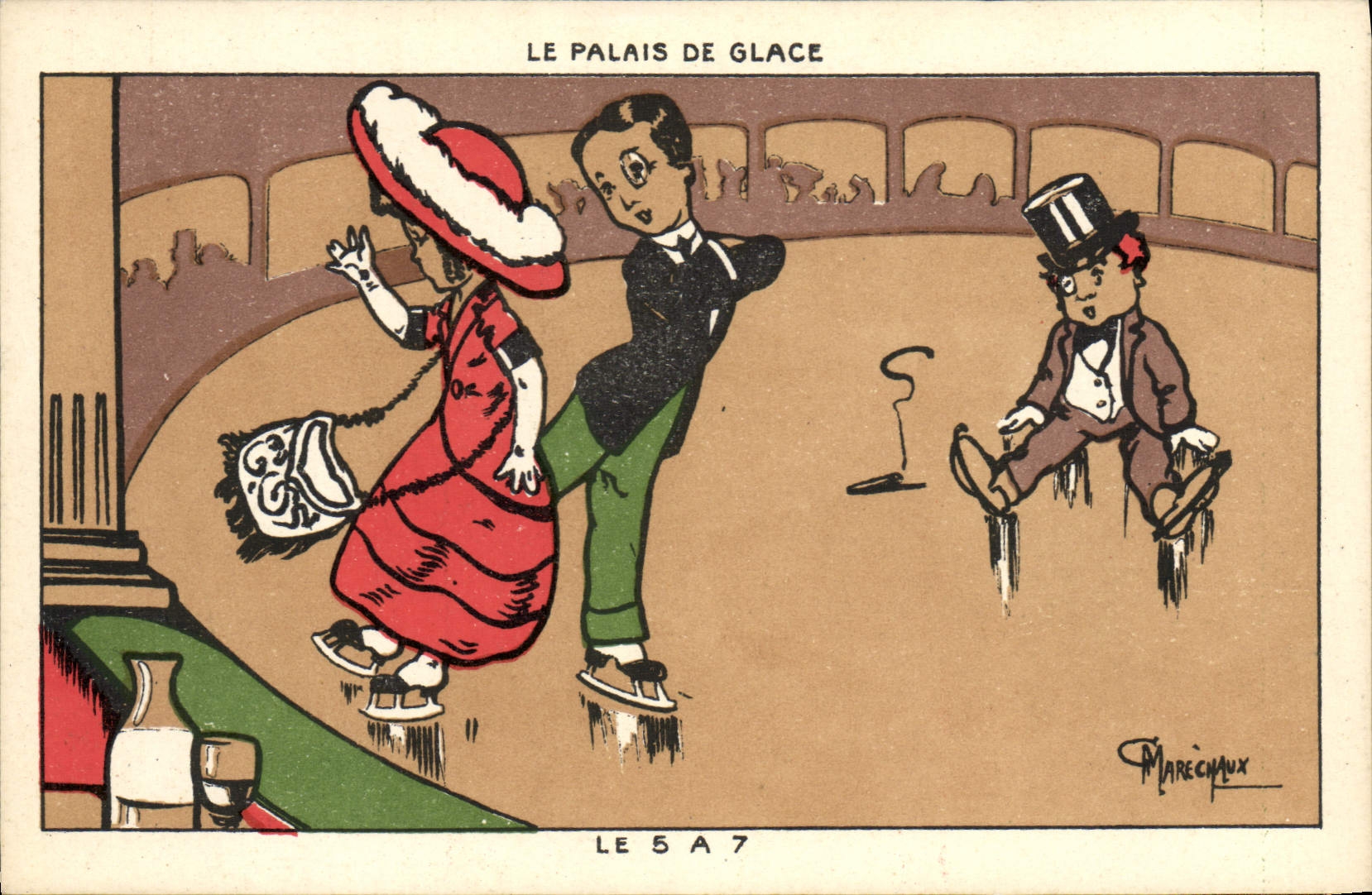 CPA Patinage Patins a glace Palais de glace Le 5 a 7 Illustrateur Marechaux