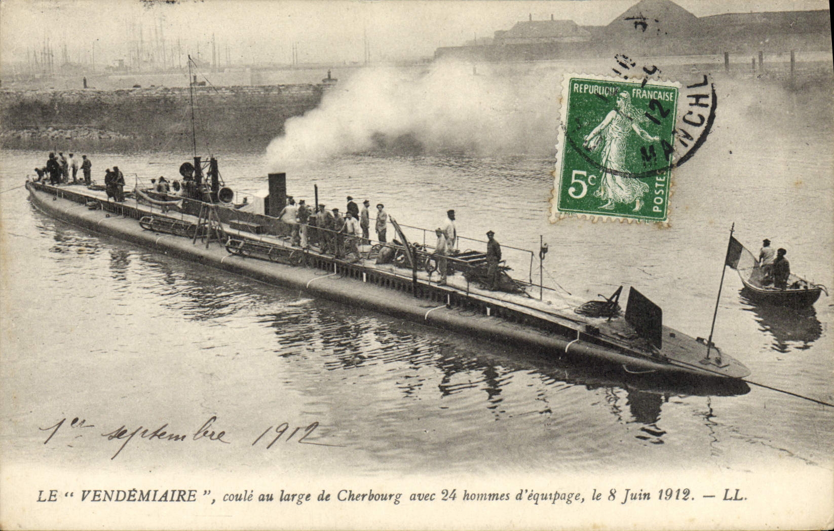 VINTAGE POSTCARD Warship Vendemiaire runs off Cherbourg Sous-marin