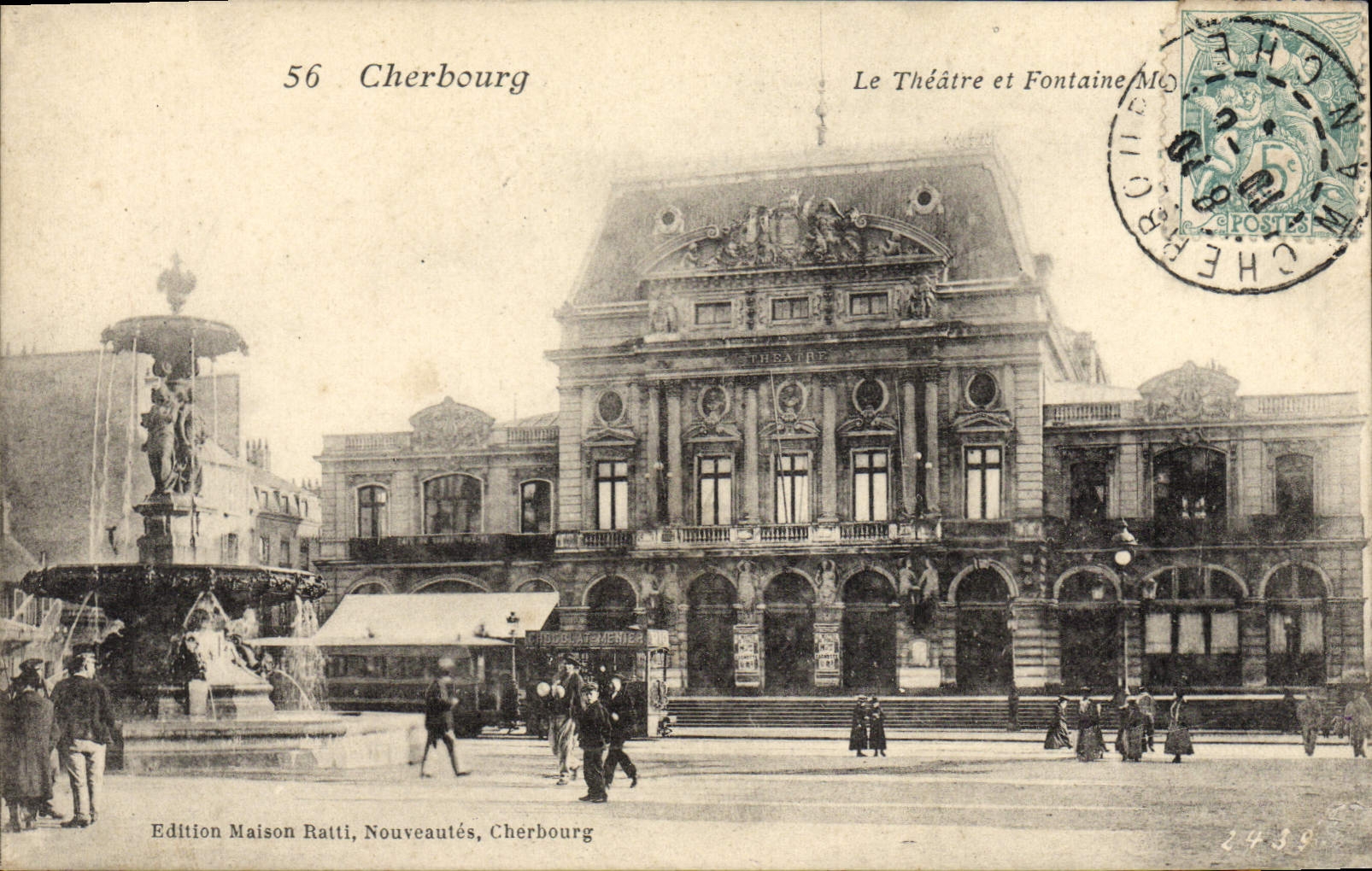 VINTAGE POSTCARD Cherbourg the Theater and fountain