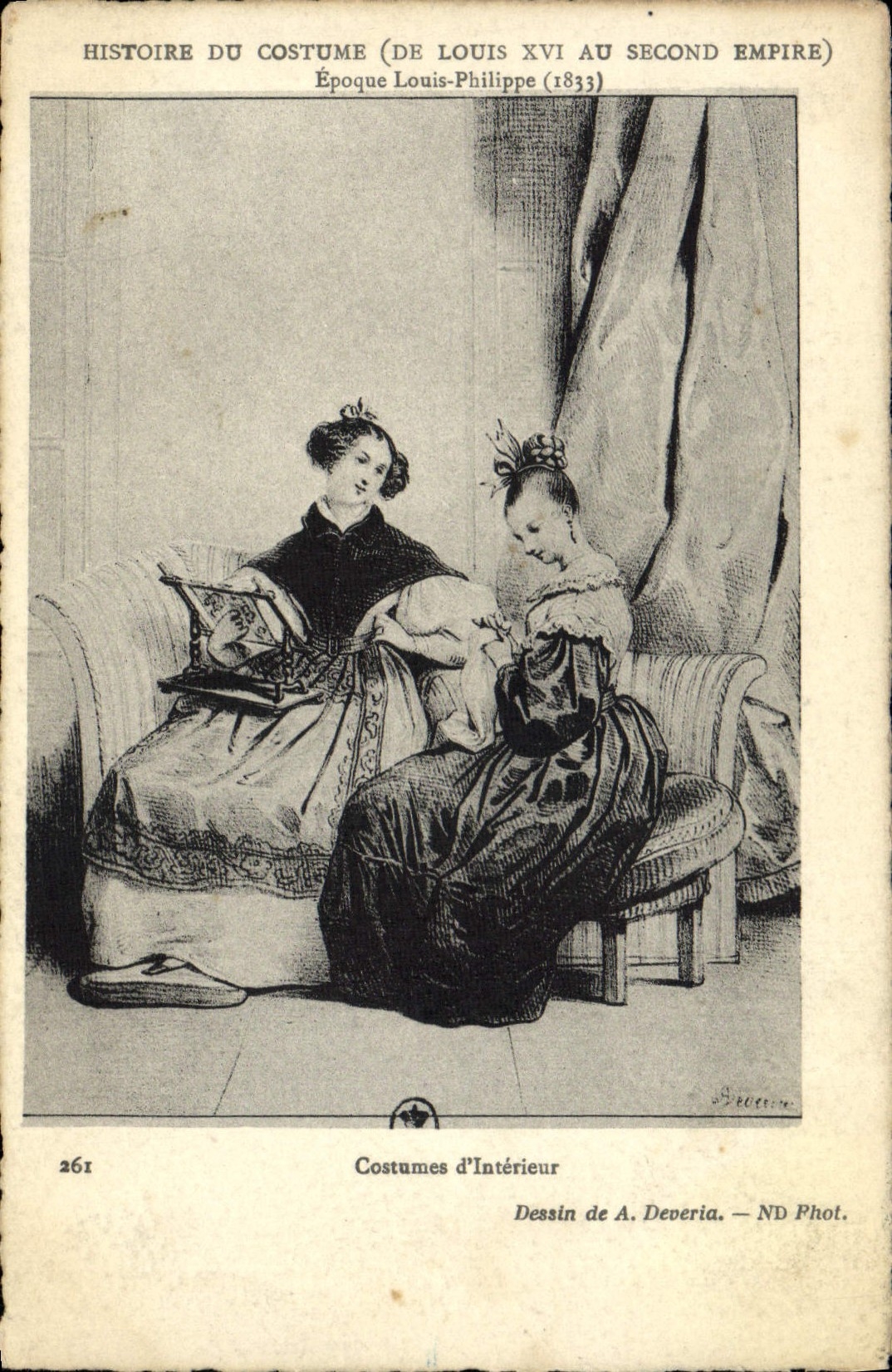 Historia parisiense del modo del traje de la POSTAL de la VENDIMIA del traje de Louis XVI con los segundos trajes del imperio del interior