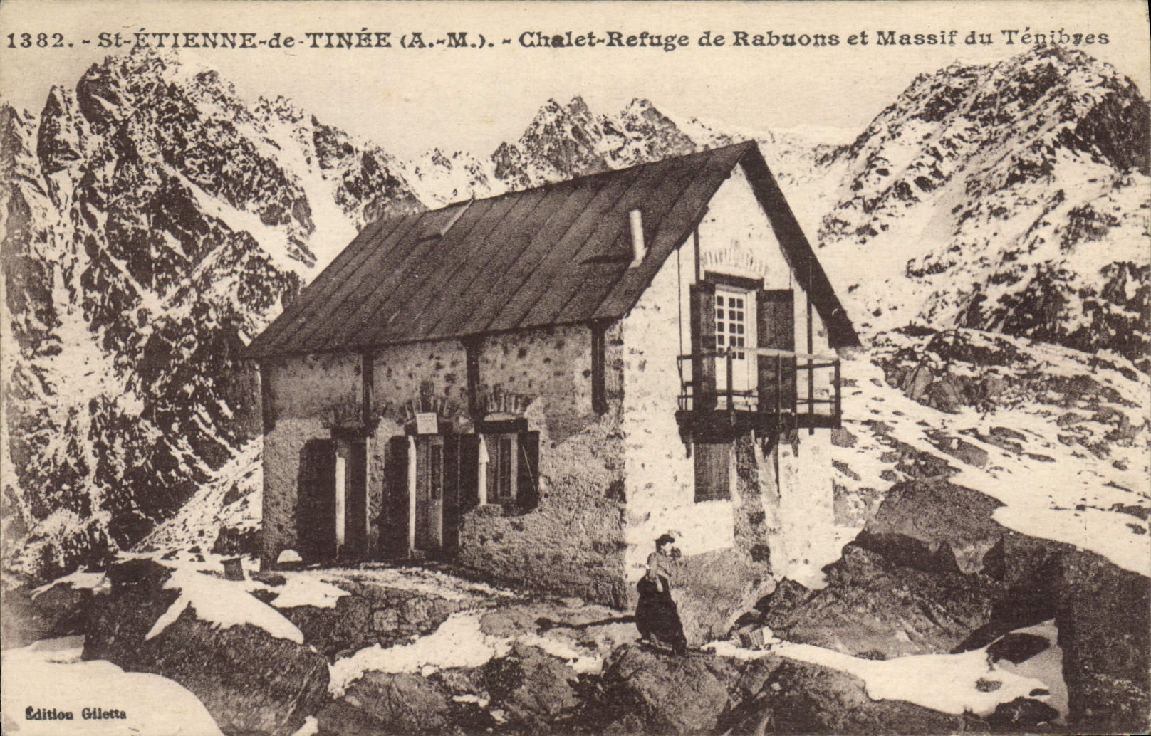 VINTAGE POSTCARD Alpinism St Etienne de Tinee Country cottage refuge of Rabuons and solid mass of Tenibres