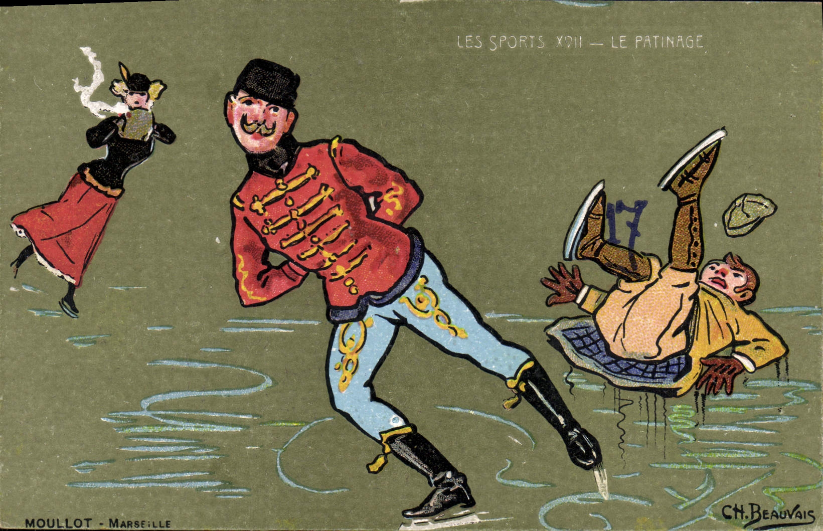 Ilustrador Hielo-patinador de Beauvais de los deportes de invierno de la POSTAL de la VENDIMIA