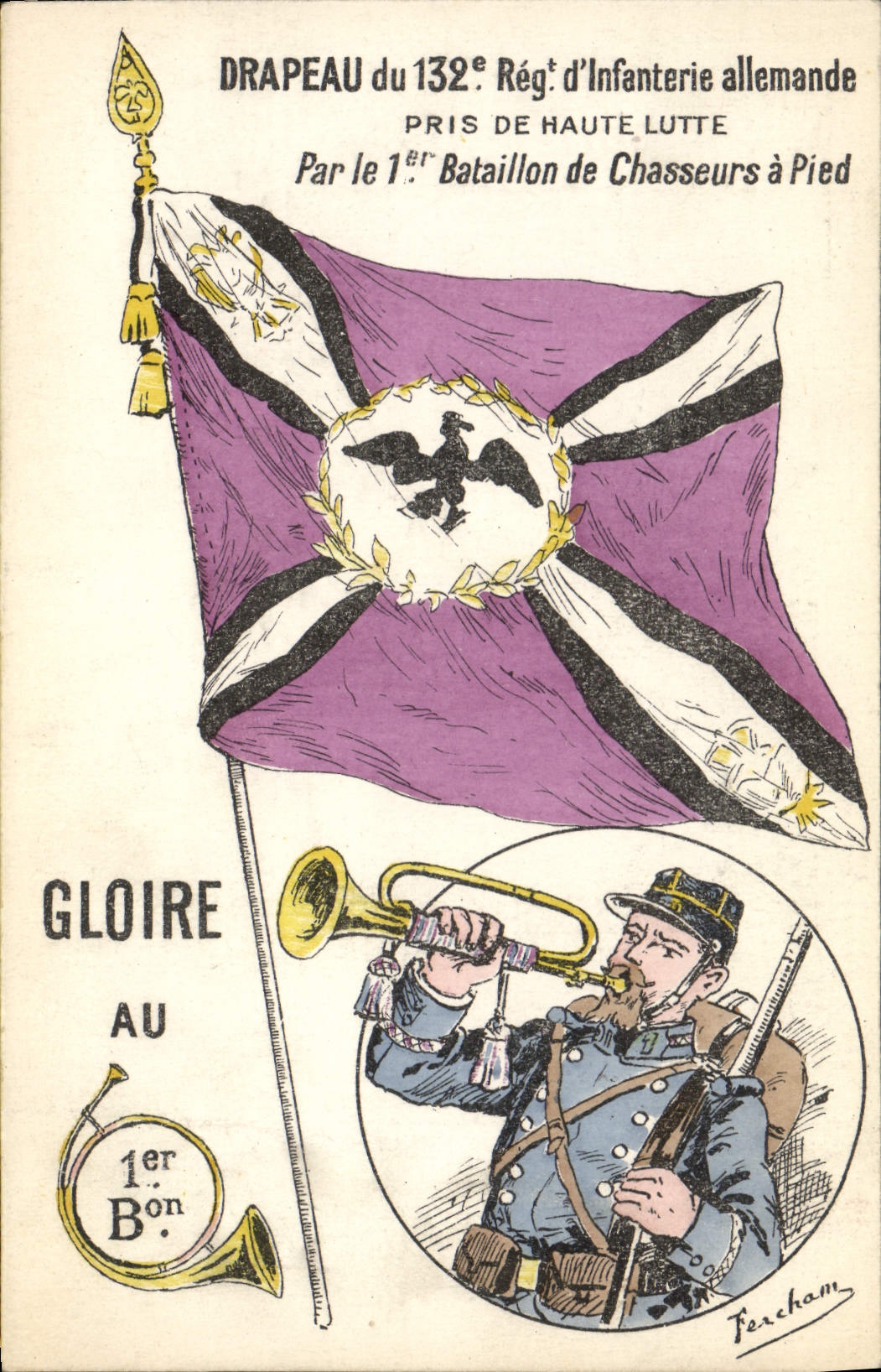 VINTAGE POSTCARD Militaria Drapeau of the 132eme regiment of German infantry 1st battalion of hunters has foot