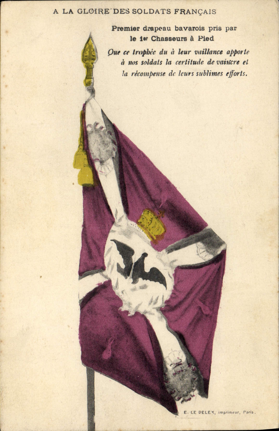 VINTAGE POSTCARD Militaria First Bavarian flag taken by the 1st hunters has foot