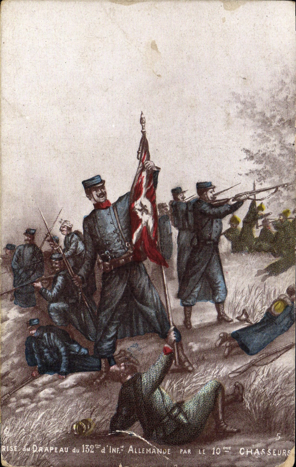 VINTAGE POSTCARD Militaria taken of the flag of the 132eme regiment of infantry by the 10th hunters