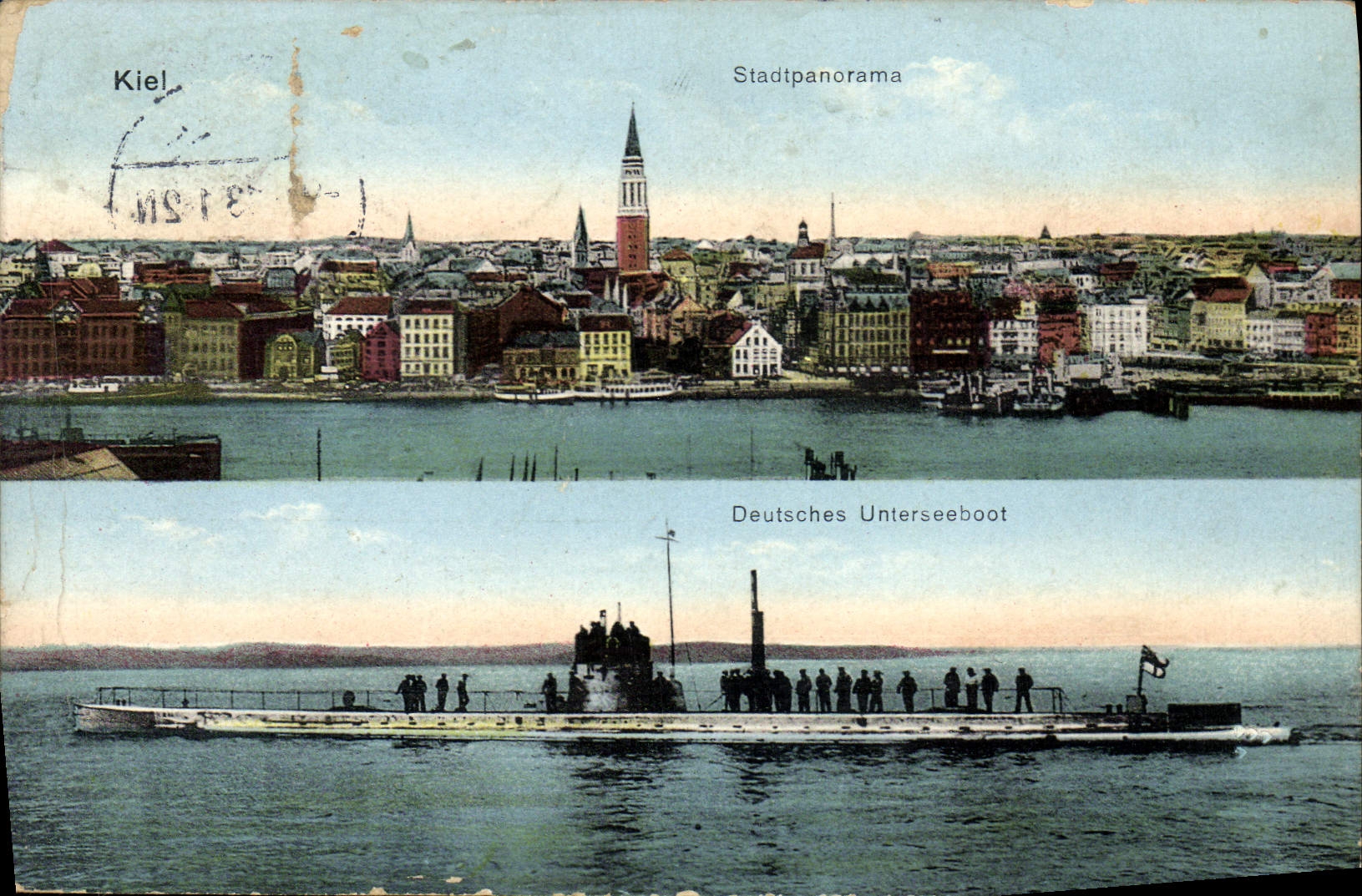 VINTAGE POSTCARD Boat Kiel Stadtpanorama Deutsches Unterseeboot