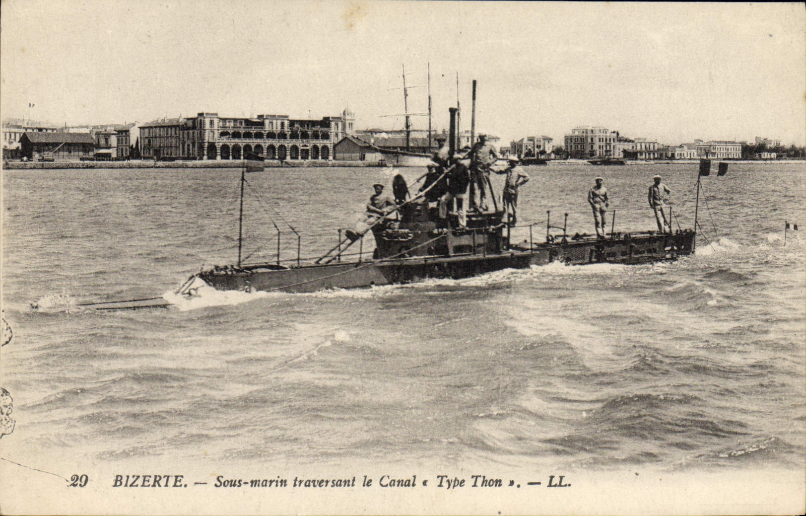 VINTAGE POSTCARD Boat Bizerte Submarine crossing the Standard canal Tunisia Tuna