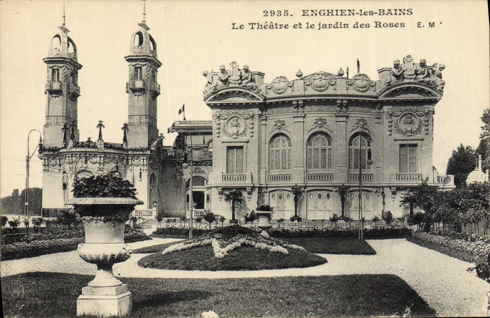VINTAGE POSTCARD Enghien Theater les Bains the theater and the garden of the Roses