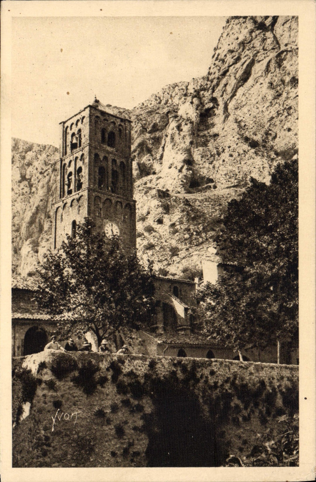 VINTAGE POSTCARD Soft France Mounstiers Sainte Marie the old bell-tower