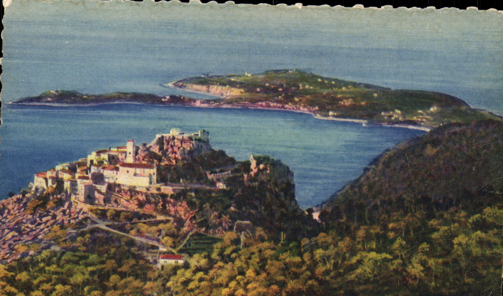 Opinión azul de la dimensión D Eze de la POSTAL de la VENDIMIA de la aldea y del cabo Ferrat