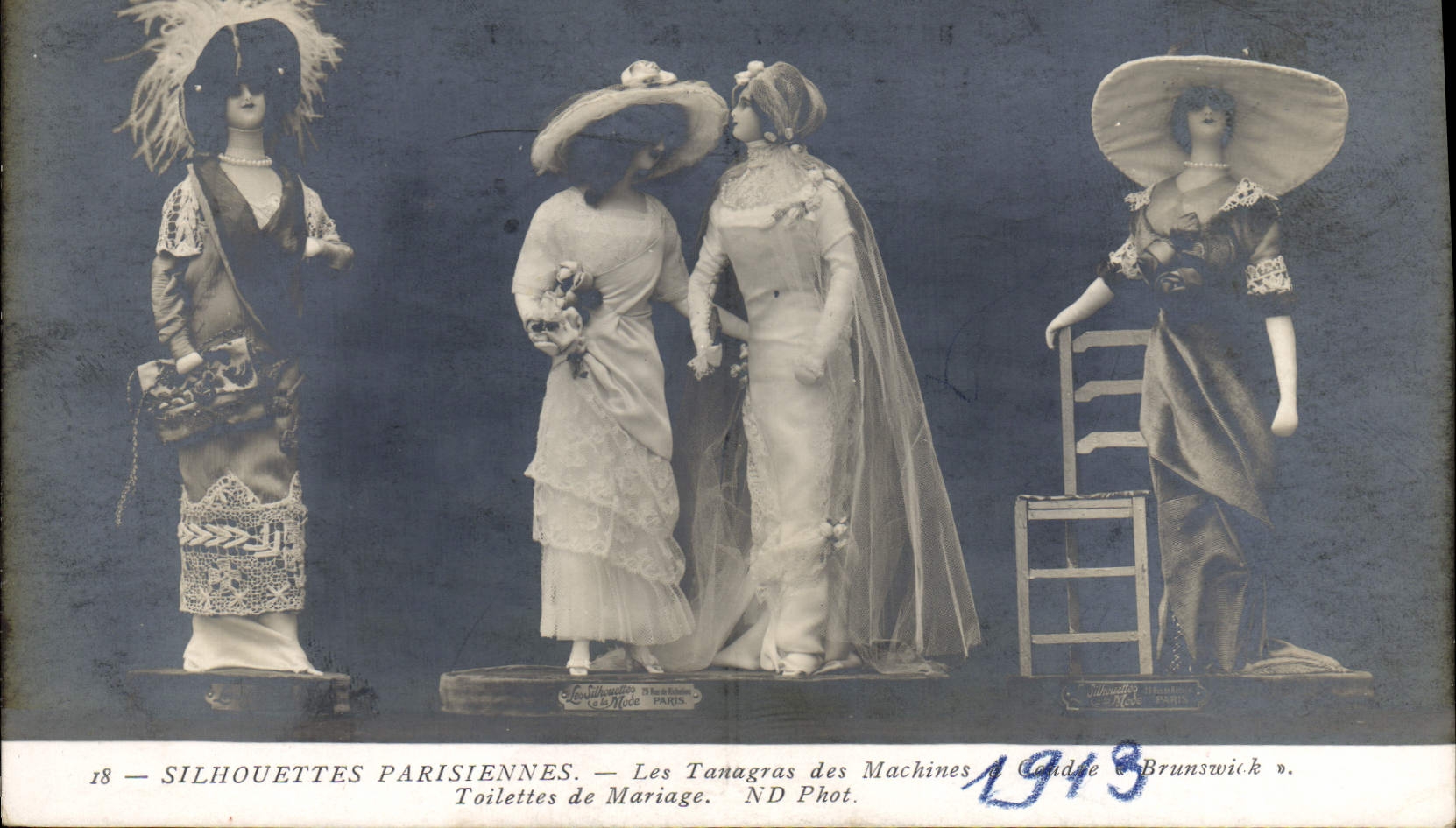 VINTAGE POSTCARD Mode Parisian Silhouettes Tanagras of the sewing machines of Brunswick Toilettes of marriage