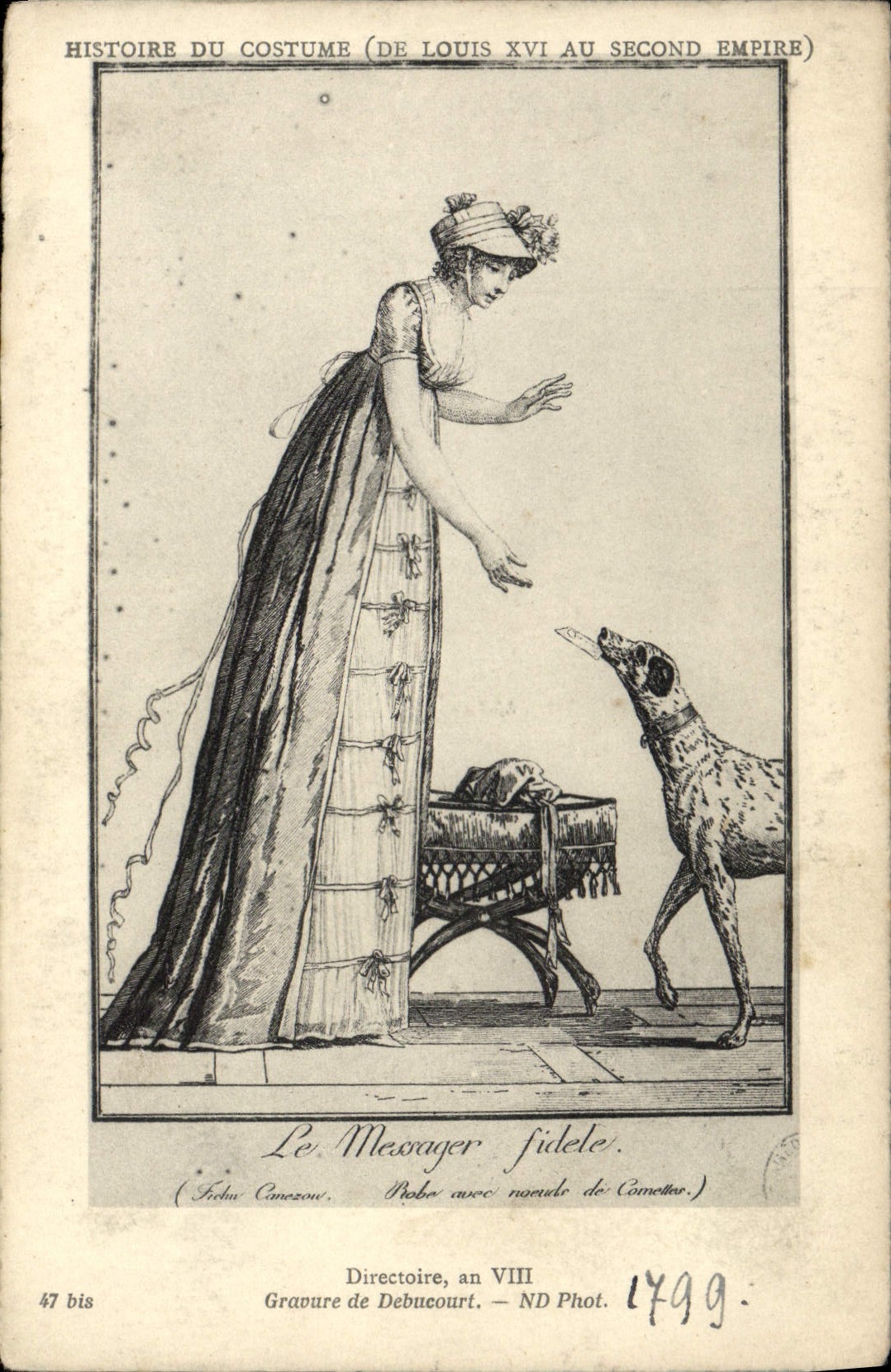 Modo de la historia de la POSTAL de la VENDIMIA del traje de Louis XVI con el segundo perro del año VIII del directorio del imperio