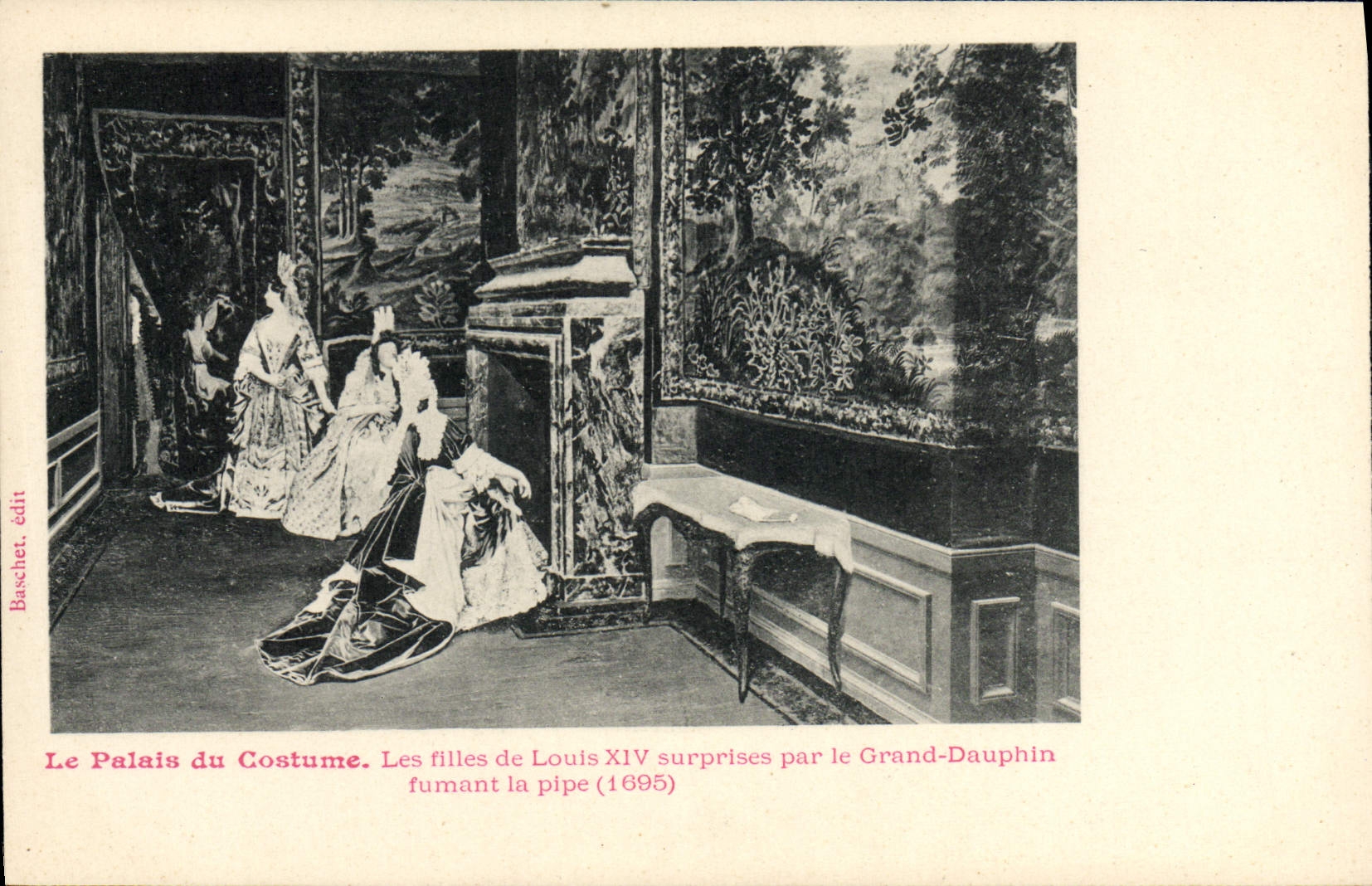 CPA Mode Le palais du costume Les filles de louis XVI surprises par le Grand Dauphin fumant la pipe