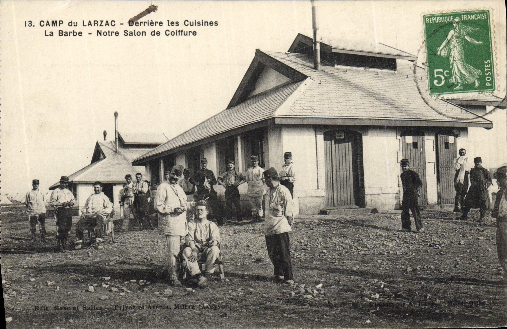 VINTAGE POSTCARD Camp of Larzac Behind the kitchens the beard Our Hairdressing salon Hairdresser Miltiaria TOP