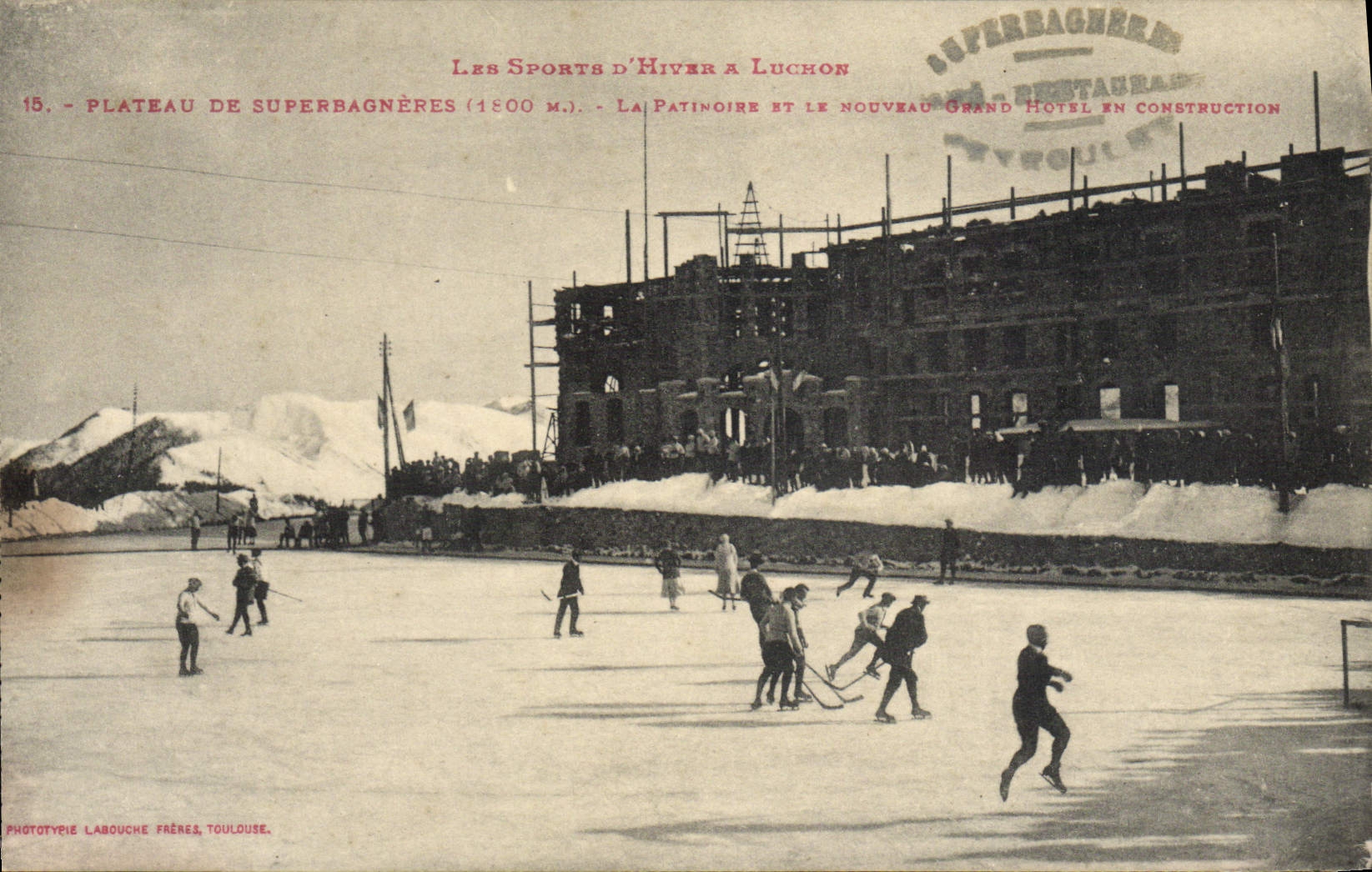 VINTAGE POSTCARD Winter sports Ice-skating Plate of Superbagneres the skating rink and the new large hotel in construction