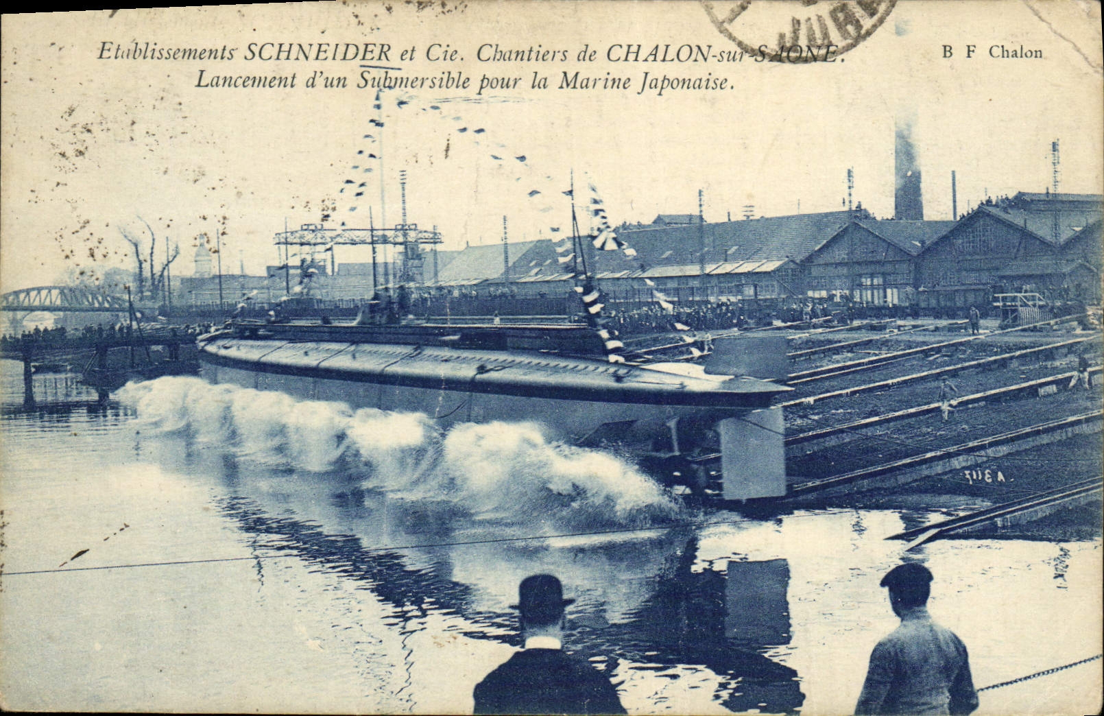 CPA Bateau de guerre Etablissements Schneider & Cie Chantiers de Chalon sur Saone Lancement d'un submersible Japon 
