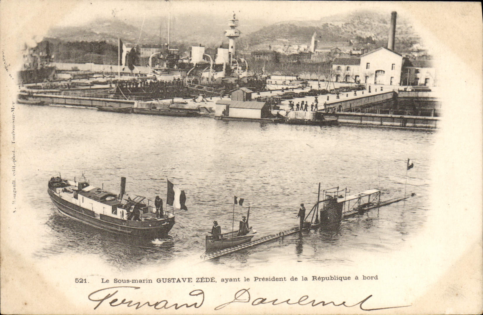 VINTAGE POSTCARD Warship Sous-marin Gustave Zede having the President of the Republic has edge