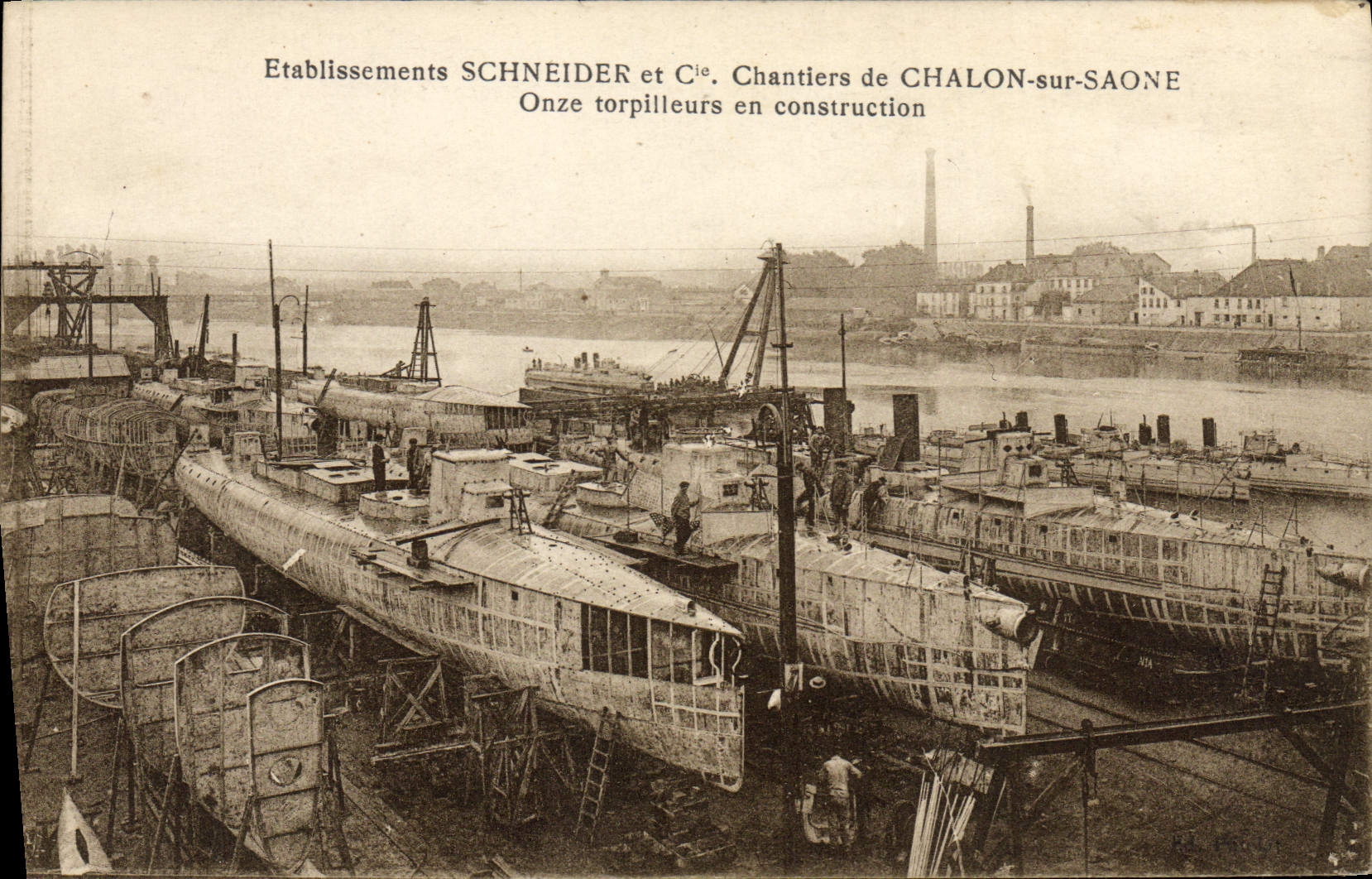 VINTAGE POSTCARD Warship Schneider Establishments & Co Building sites of Trawl-net on the Saone Eleven destroyers in construction