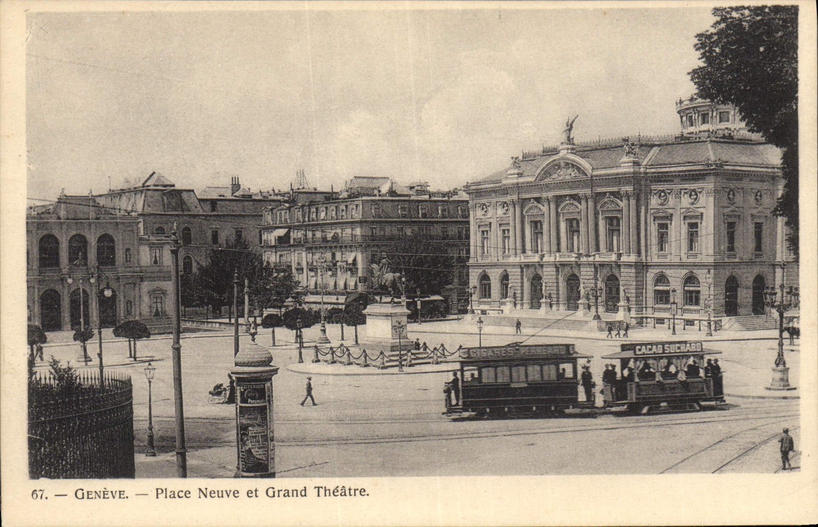 VINTAGE POSTCARD Geneva Places New and theater Tramway Suchard Cocoa