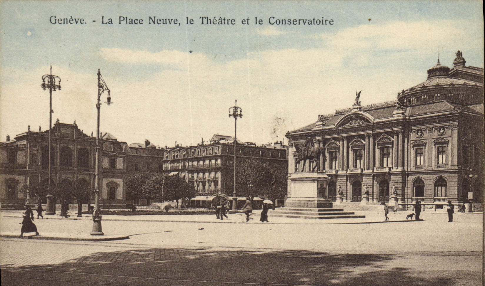 VINTAGE POSTCARD Geneva the new place the theater and the academy