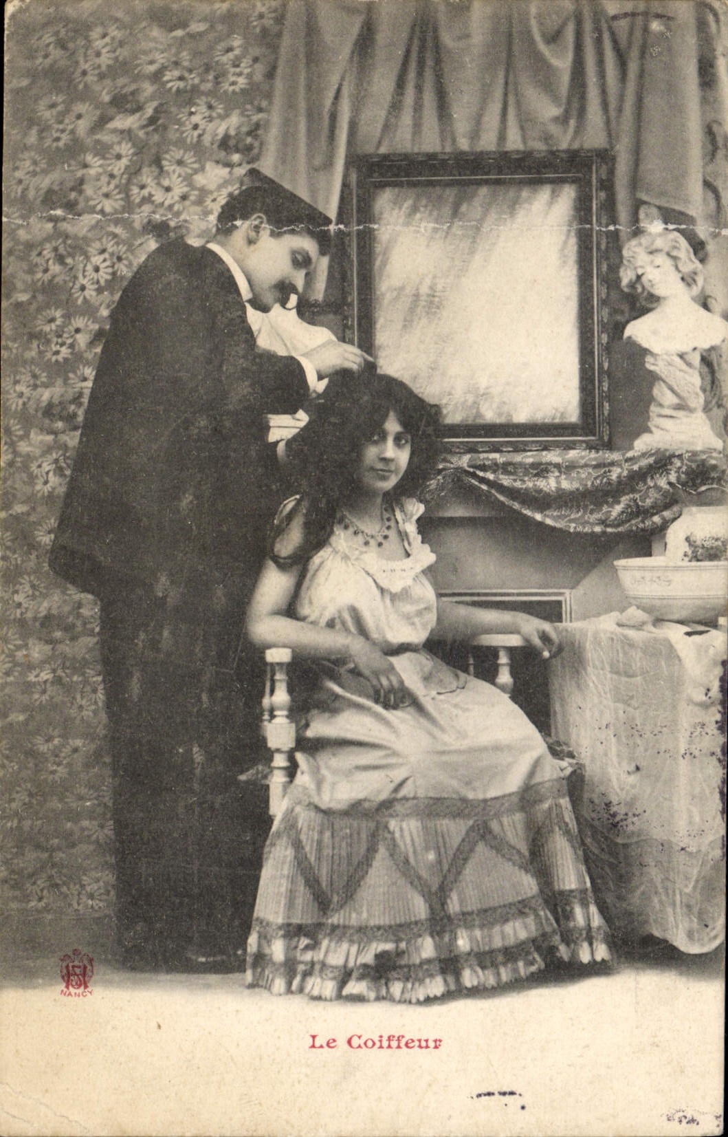 VINTAGE POSTCARD the Hairdresser Wig maker