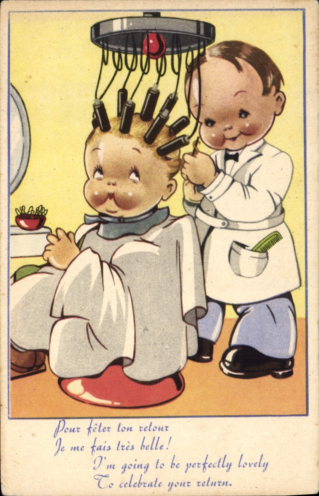 VINTAGE POSTCARD Child the Hairdresser Wig maker