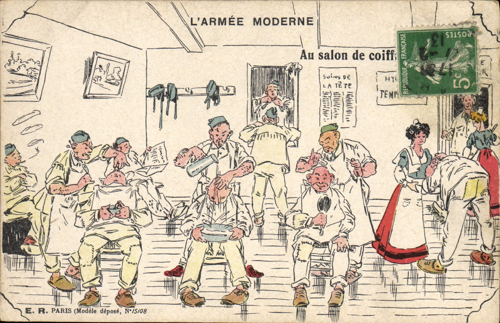 VINTAGE POSTCARD Militaria Hairdresser Wig maker the modern army With the hairdressing salon