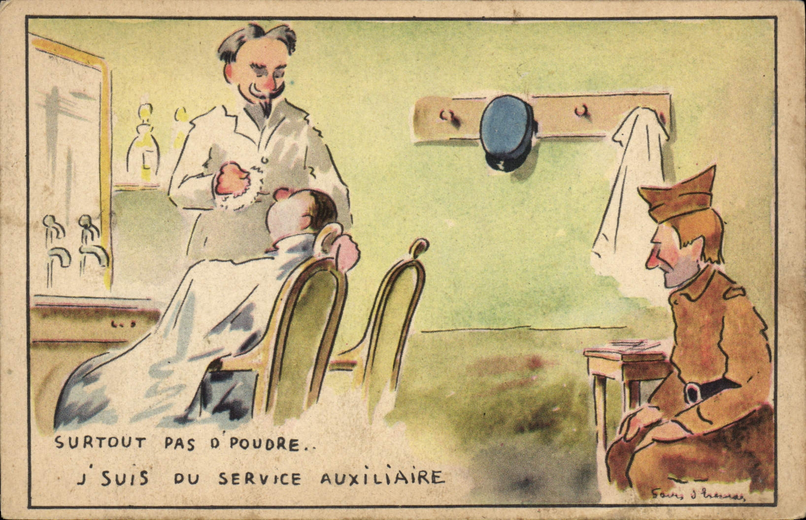 VINTAGE POSTCARD Militaria Hairdresser Wig maker Especially not of powder