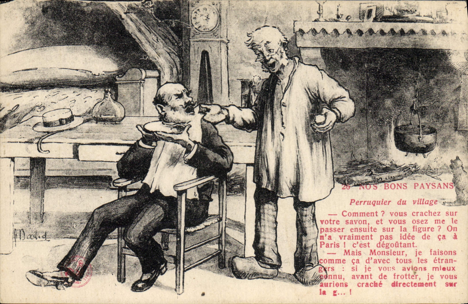 VINTAGE POSTCARD Our good peasants Hairdresser Wig maker of the village Folklore