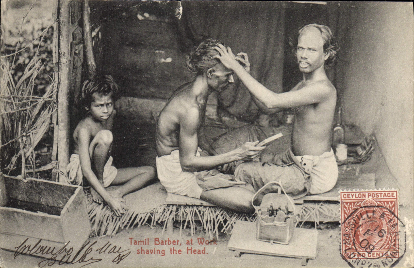 CPA Tamil barber at work shaving the head Ceylon Stri Lanka Coiffeur Perruquier