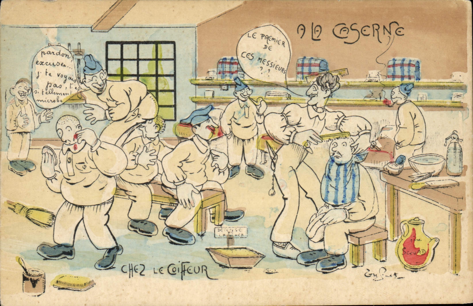 CPA Militaria Coiffeur Perruquier A la caserne Chez le coiffeur