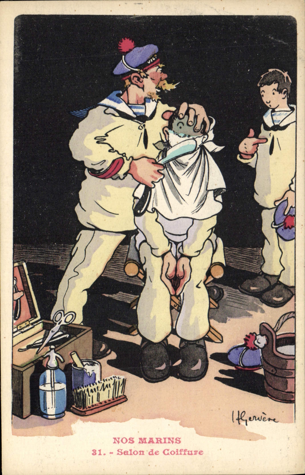 Ilustrador de Gervese del fabricante de la peluca del peluquero de Militaria de la POSTAL de la VENDIMIA nuestro salón de la peluquería de los marineros