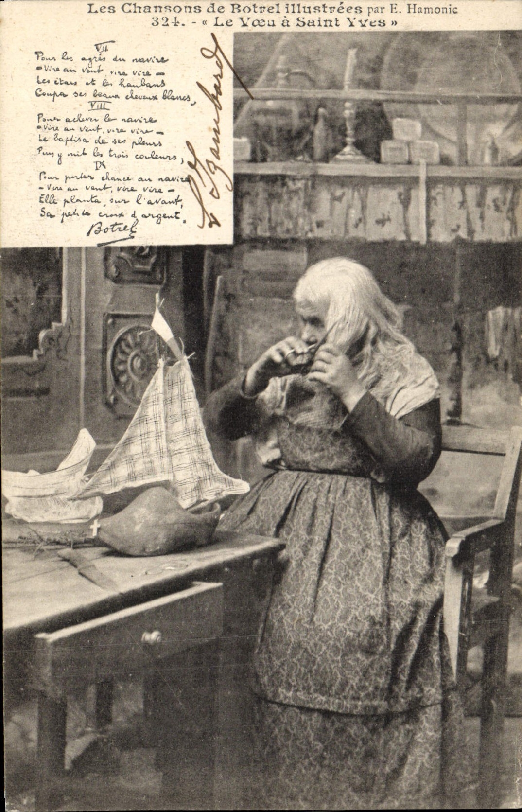 VINTAGE POSTCARD the songs of Botrel the wish has Saint Yves Coiffeur Wig maker Folklore