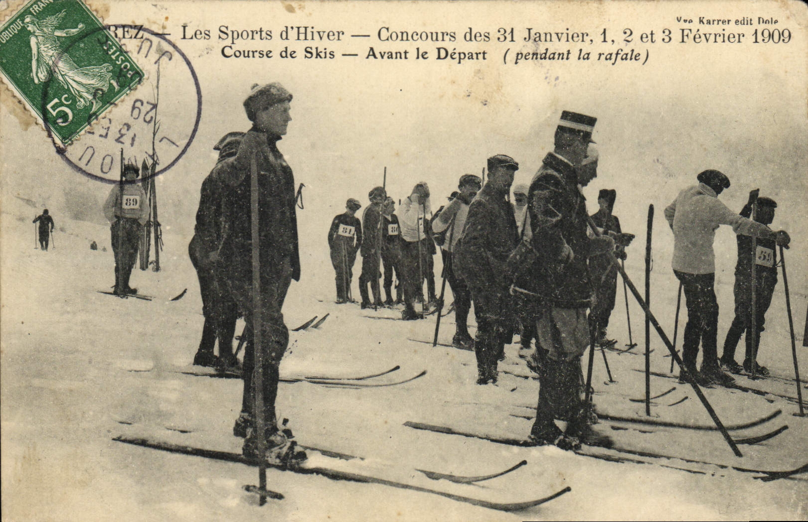 POSTAL MorezSports de la VENDIMIA de la competencia del esquí del invierno 31 de enero de 1 del 2 de febrero de 3 rd, raza 1909 de esquís antes de la salida durante la ráfaga
