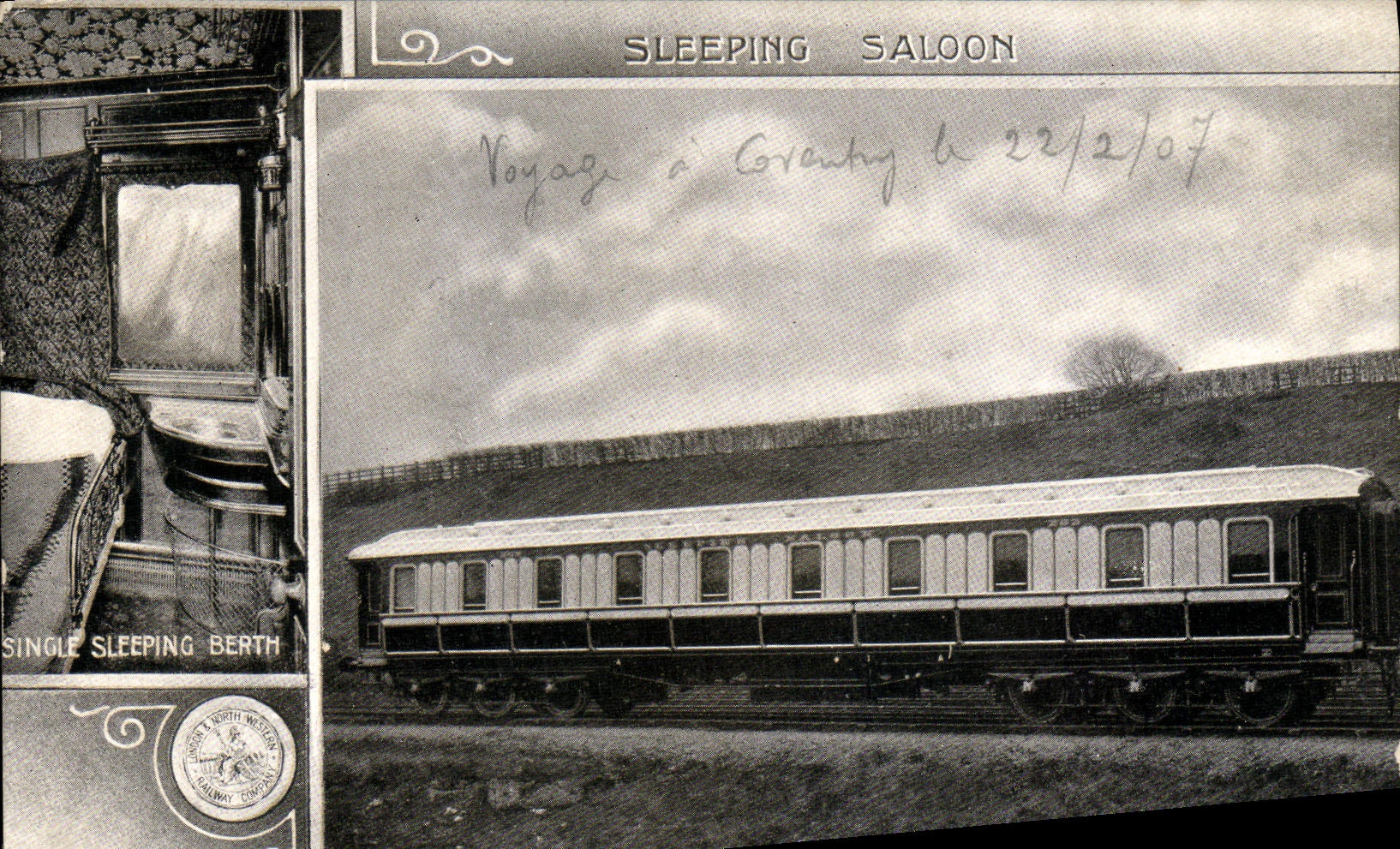 VINTAGE POSTCARD Train Engine Sleeping saloon Coventry 1907