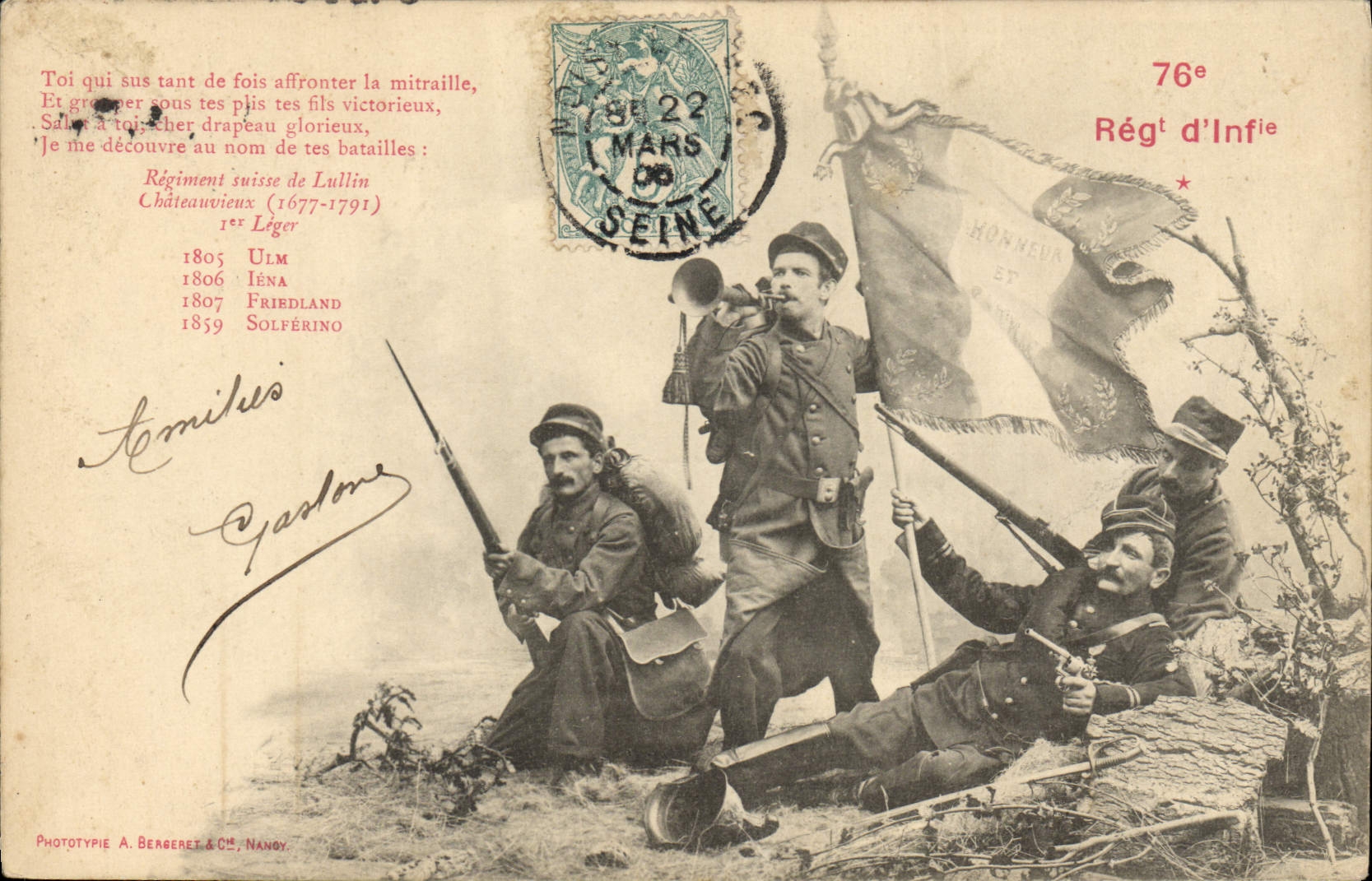 Regimiento de Militaria 76eme de la POSTAL de la VENDIMIA de la artillería
