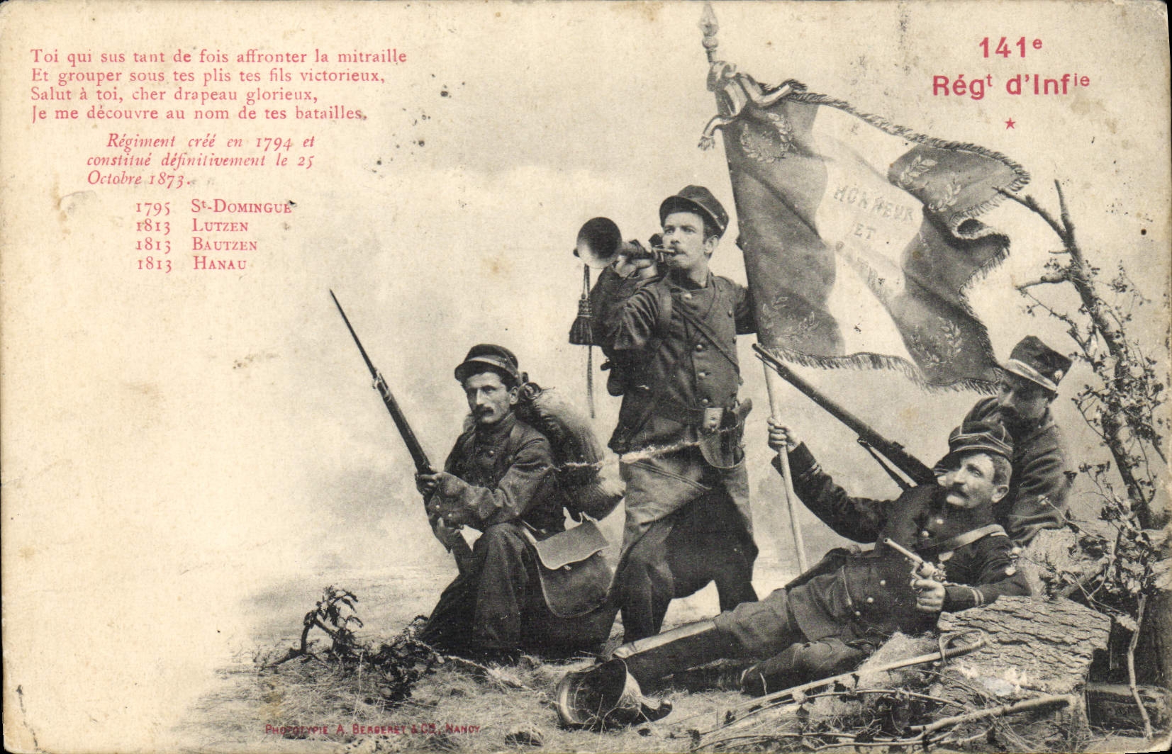 Regimiento de Militaria 141eme de la POSTAL de la VENDIMIA de la infantería